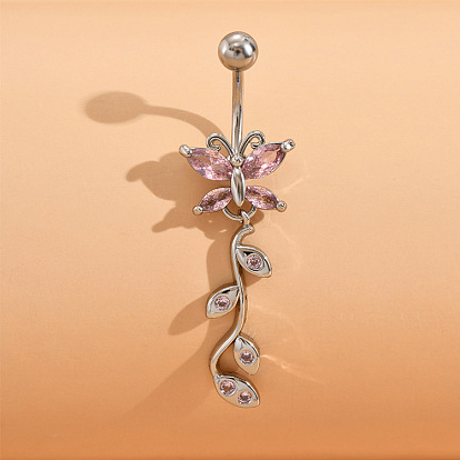 Латунные розовые кубические цирконии bybattfly подвески на живот кольца, с 316 изогнутыми штифтами для штанги из хирургической нержавеющей стали