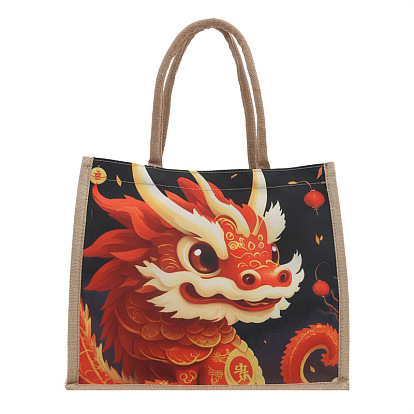 Ethnic Style Dragon Pattern Canvas Shoulder Bags, Women Bags, Rectangle