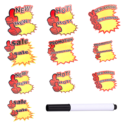 10 Bags 10 Style Explosive Shape & Word Blank Signs Sales Price Label Tags, with 1Pcs Plastic Erasable Pen, for Retail Store Commerce Favors Display