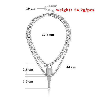 Geometric Lock Pendant Necklace for Women with Double Layered Aluminum Chain and Key Charm - Fashionable Statement Jewelry