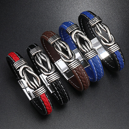 Minimalist Punk Alloy Hollow Knot Link Bracelet, PU Leather Cord Bracelet with Magnetic Buckles