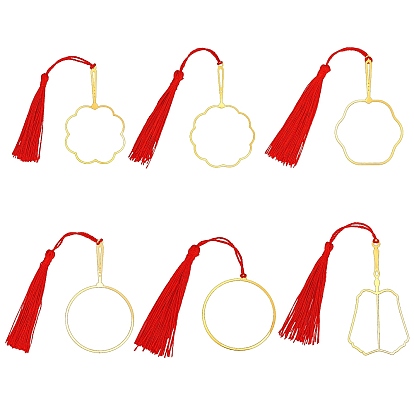 6Pcs 6 Style Chinese Ancient Hand Fan Shape Brass Wire Wrap Metal Bookmark with Tassel for Book Lover, Golden