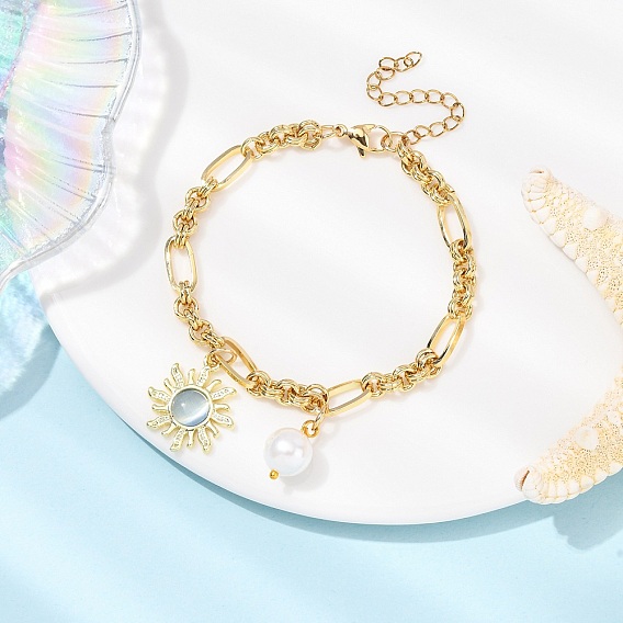 Браслеты для глаз, браслеты из латунной цепочки для женщин, солнце, с оболочкой шарик перлы
