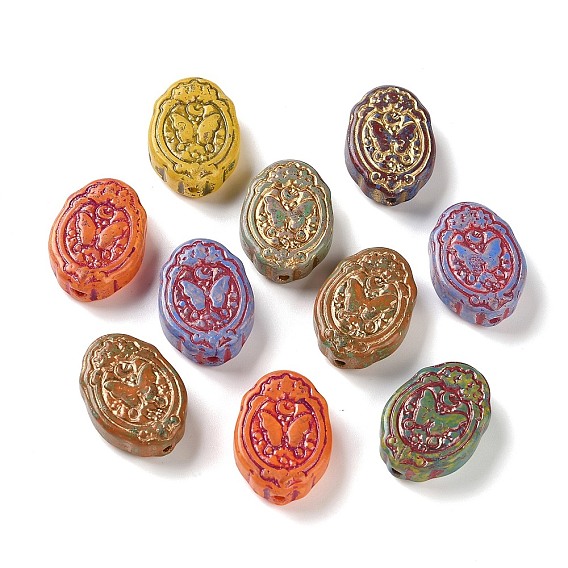 Perles lampwork, perles au chalumeau, faits à la main, ovale avec le papillon, métal doré enlaça