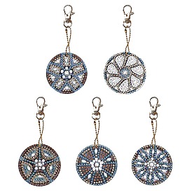 Acrylic Diamond Flat Round Pendant Keychain Kits, with Alloy Findings, including Point Drill Plate, Point Drill Mud, Point Drill Pen, Ball Chain, Swivel Clasp