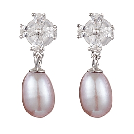 Natural Pearl Ear Studs, with Sterling Silver Micro Pave Clear Cubic Zirconia Findings, Flower & Oval