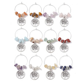 12Pcs Flat Round with Tree of Life Alloy Pendants Wine Glass Charms Sets, with Gemstone Chip and Brass Wine Glass Charm Rings