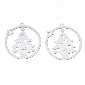 Christmas 201 Stainless Steel Filigree Pendants, Etched Metal Embellishments, Ring with Christmas Trees