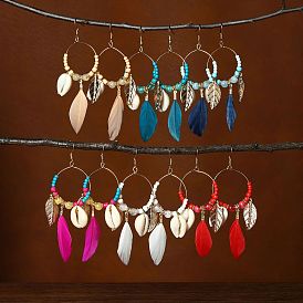 Кольцо с цинковым сплавом, акриловые серьги-подвески, с пером и натуральной оболочкой, богемный стиль, золотые