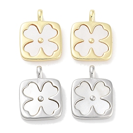 Brass Pave Natural Shell Square Pendants, Flower Charms