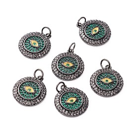 Brass Micro Pave Green Cubic Zirconia Pendants, with Jump Ring, Long-Lasting Plated, Lead Free & Cadmium Free & Nickel Free, Flat Round with Eye