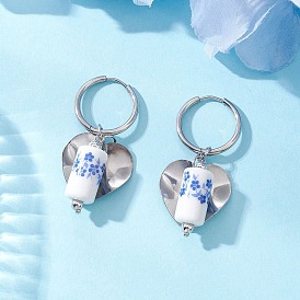 Колонна с сердцем 316 и 202 серьги-кольца из нержавеющей стали, с фарфоровыми бусинами и латунными бусинами