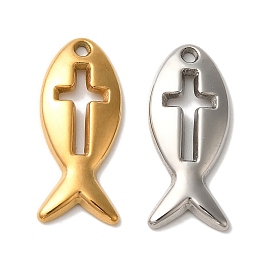 Ion Plating(IP) 304 Stainless Steel Pendants, Jesus Fish with Cross Charm