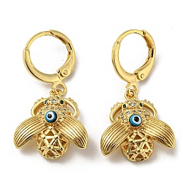 Real 18K Gold Plated Brass Dangle Leverback Earrings, with Enamel and Cubic Zirconia, Beetle with Evil Eye