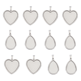 12Pcs 2 Style 304 Stainless Steel Pendant Cabochon Settings, Plain Edge Bezel Cups, Heart & Teardrop