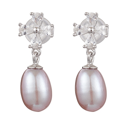 Натуральные жемчужные ушные шпильки, с прозрачным серебром микропаве и фурнитурой из прозрачного кубического циркония, цветок и овал