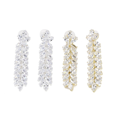 Brass Micro Pave Cubic Zirconia Stud Earrings, Leaf