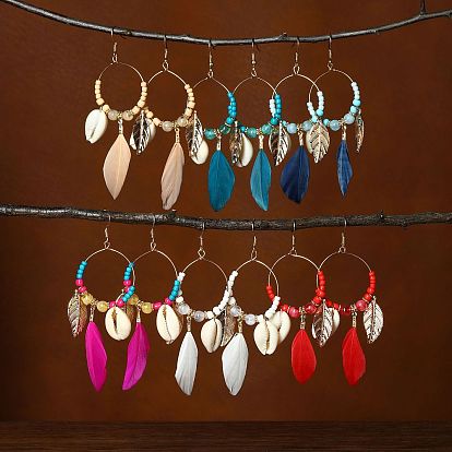 Кольцо с цинковым сплавом, акриловые серьги-подвески, с пером и натуральной оболочкой, богемный стиль, золотые