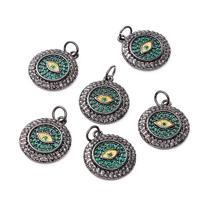 Brass Micro Pave Green Cubic Zirconia Pendants, with Jump Ring, Long-Lasting Plated, Lead Free & Cadmium Free & Nickel Free, Flat Round with Eye