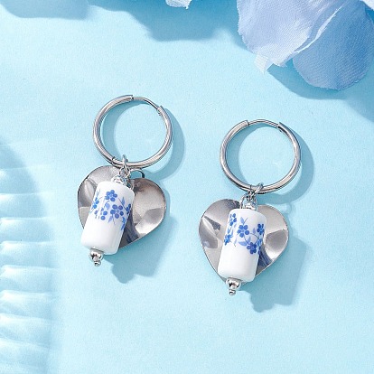 Колонна с сердцем 316 и 202 серьги-кольца из нержавеющей стали, с фарфоровыми бусинами и латунными бусинами