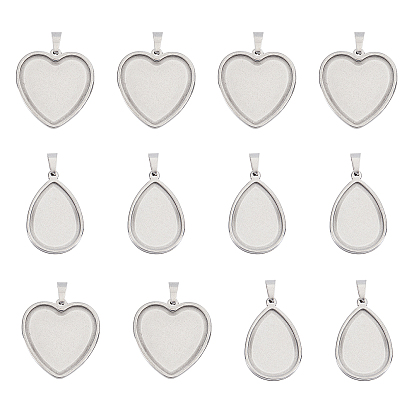 12Pcs 2 Style 304 Stainless Steel Pendant Cabochon Settings, Plain Edge Bezel Cups, Heart & Teardrop