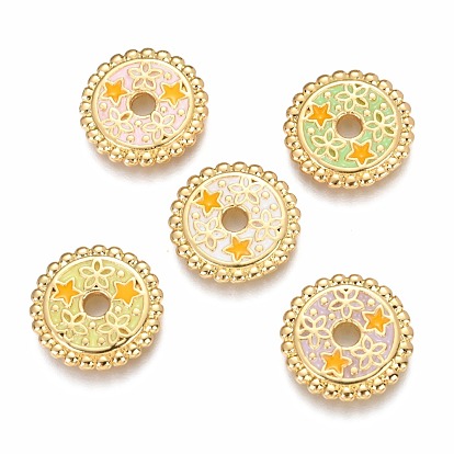 Laiton perles d'émail, plat rond avec étoile & étoile jaune, réel 18 k plaqué or