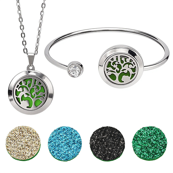 1 браслеты-манжеты из нержавеющей стали с открытыми концами и 1 ожерелье с подвеской из нержавеющей стали с поликарбонатом, с 10 шт. блестящих волокнистых парфюмерных подушечек