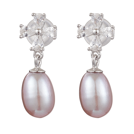 Натуральные жемчужные ушные шпильки, с прозрачным серебром микропаве и фурнитурой из прозрачного кубического циркония, цветок и овал