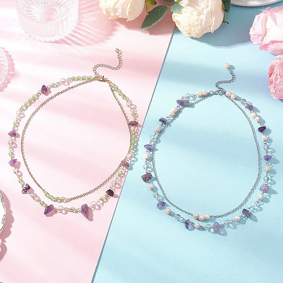 2 шт. 2 стили натуральный аметистовый чип и стекло и 304 нержавеющая сталь цепочка ручной работы двухслойные ожерелья для женщин