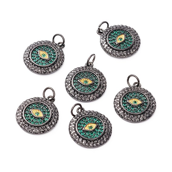 Brass Micro Pave Green Cubic Zirconia Pendants, with Jump Ring, Long-Lasting Plated, Lead Free & Cadmium Free & Nickel Free, Flat Round with Eye