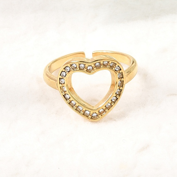 304 Stainless Steel Rhinestone Cuff Open Rings for Women, Heart, Ion Plating(IP)