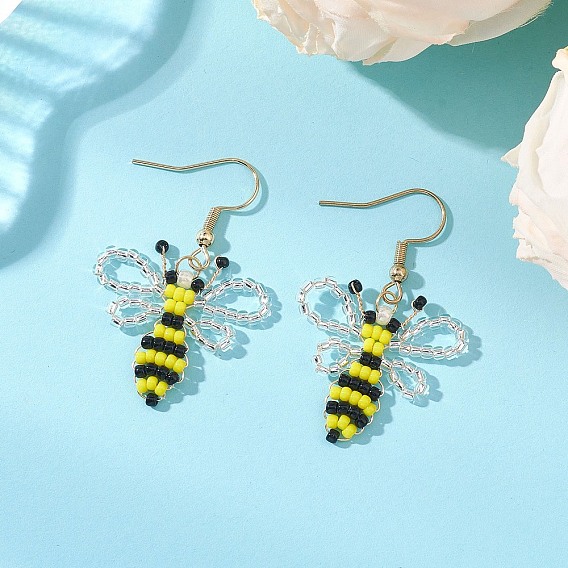 Серьги-подвески из стеклянного бисера с пчелами, 304 нержавеющей стали серьги крюков, золотые