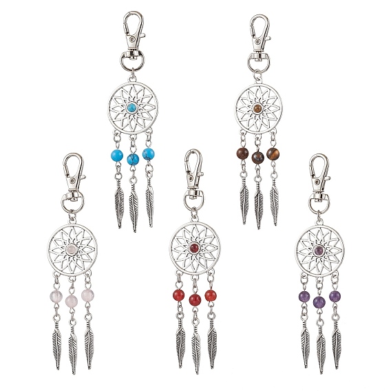 Тканая сетка/паутина с подвесными украшениями из перьевого сплава, с натуральным агатом, розовым кварцем, тигровым глазом, аметистом и синтетической крошкой говлита