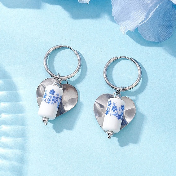 Колонна с сердцем 316 и 202 серьги-кольца из нержавеющей стали, с фарфоровыми бусинами и латунными бусинами