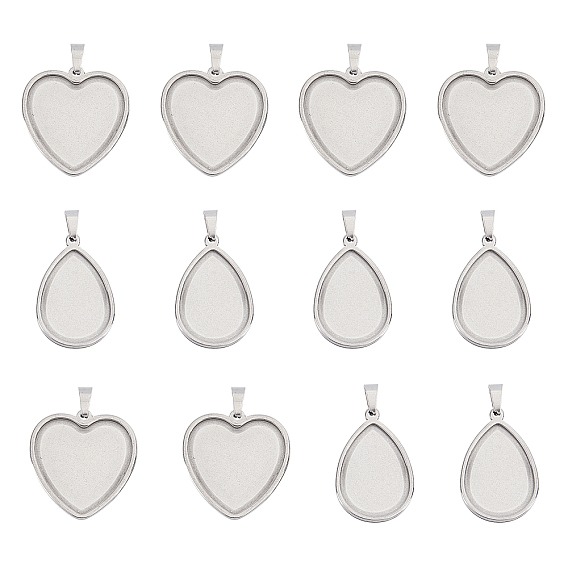 12Pcs 2 Style 304 Stainless Steel Pendant Cabochon Settings, Plain Edge Bezel Cups, Heart & Teardrop