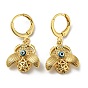 Golden Brass Dangle Leverback Earrings, with Enamel and Cubic Zirconia, Beetle with Evil Eye