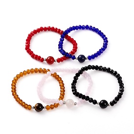 Faceted Glass Beads Stretch Bracelets, with Natural Gemstone Beads and 304 Stainless Steel Beads, Round
