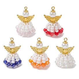 Handmade Seed Beads Pendants, with Golden Elastic Thread, Loom Pattern, with Alloy Butterfly Bead and Glass Pearl Round Bead, Angel & Fairy