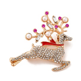 Christmas Alloy Crystal Rhinestone & Plastic Pearl Deer Brooch for Women