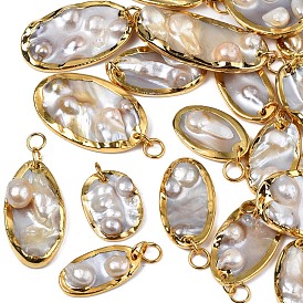 Natural White Shell Pendants, with Light Gold Plated Brass Edge, Oval