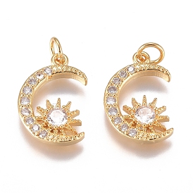 Brass Micro Pave Cubic Zirconia Pendants, with Jump Ring, Long-Lasting Plated, Moon with Sun