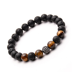 Natural Stone Beaded Bracelet with Zirconia and Tiger Eye Copper Balls - 8mm Energy Volcanic Rock Handmade Jewelry