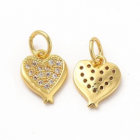 Rack Plating Brass Micro Pave Cubic Zirconia Charms, with Jump Ring, Real 18K Gold Plated, Long-Lasting Plated, Heart Charm