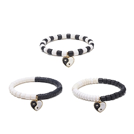 3 pcs 3 ensemble de bracelets extensibles faits à la main en argile polymère de style, clair zircone cubique coeur yin yang charmes bracelets empilables pour les femmes