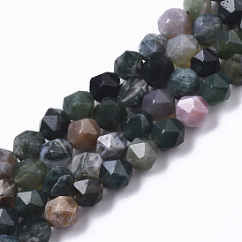 Natural Indian Agate Beads Strands, Star Cut Round Beads, Faceted