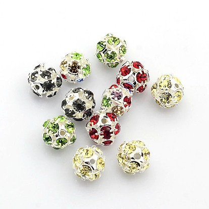 Brass Rhinestone Beads, with Iron Single Core, Grade A, Silver Color Plated, Round, 8mm in diameter, Hole: 1mm