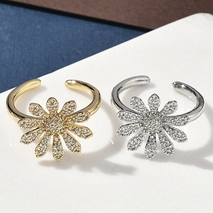 Открытые кольца манжеты из латуни с микропаве и кубическим цирконием, цветок, долговечный, стойки покрытие, без свинца и без кадмия