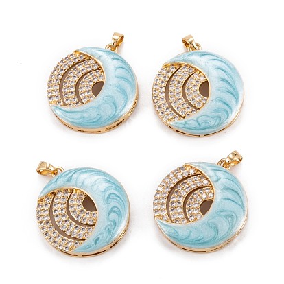 Brass Micro Pave Clear Cubic Zirconia Pendants, with Enamel, Flat Round & Moon
