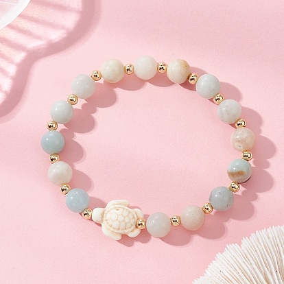 Эластичные браслеты из натурального цветочного амазонита и синтетической бирюзы, черепаха