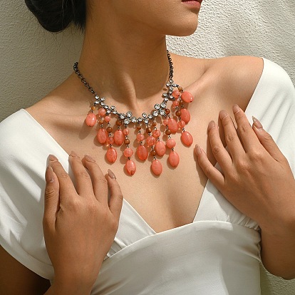 Alloy Resin Coral Oval Beads Tassel Bib Necklaces for Women, with Crystal Rhinestone